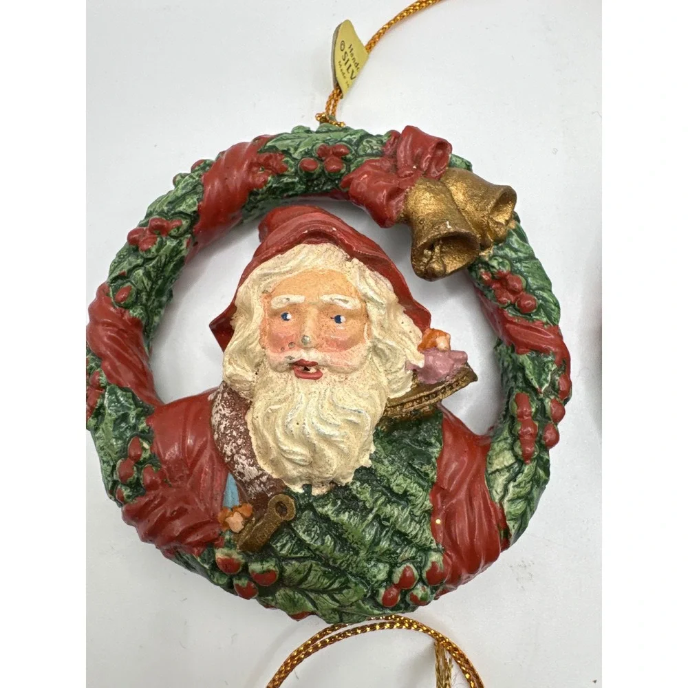 Silvestri Handcrafted Santa Wreath Christmas Ornaments Set of 4 Red Green Gold